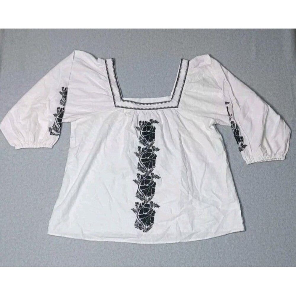 June Vie Romanian Peasant Embroidered Blouse L White Linen Blend Puffed Sleeve